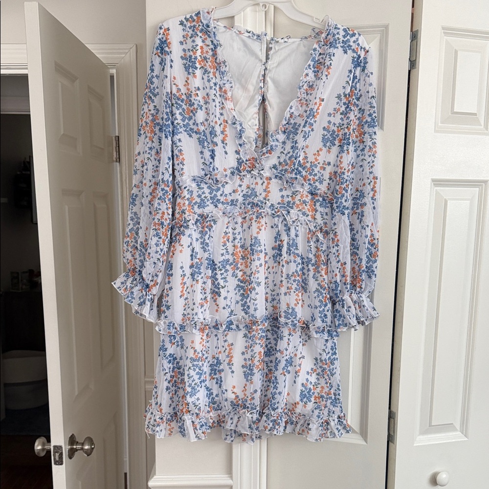 Floral Ruffle Dress - Blue and Orange